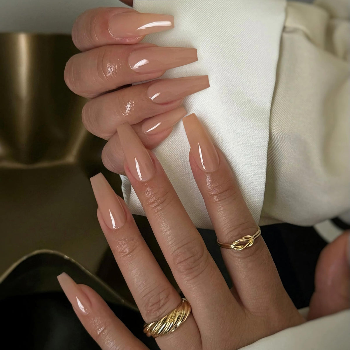 Qsnidy Extra Long Coffin Press on Nails Nude Ballerina Fake Nails Solid Glossy Stick on Nails Natural Full Cover False Nails Acrylic Glue on Nails Manicure Set for Women Girls 24 Nails in 12 Sizes
