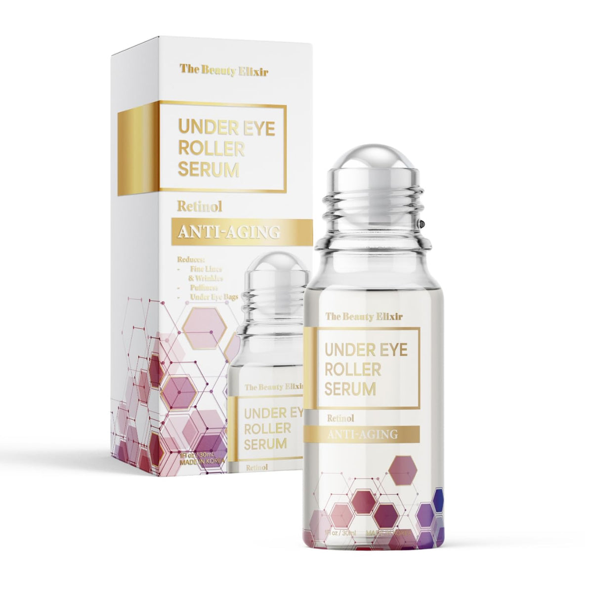 Beauty Elixir Retinol Under Eye Roller Serum - Anti-Aging Reduces Puffiness & Brightens Eyes - Dermatologist Tested Clean Beauty & Natural Ingredients for All Skin Types - 1 Fl. Oz