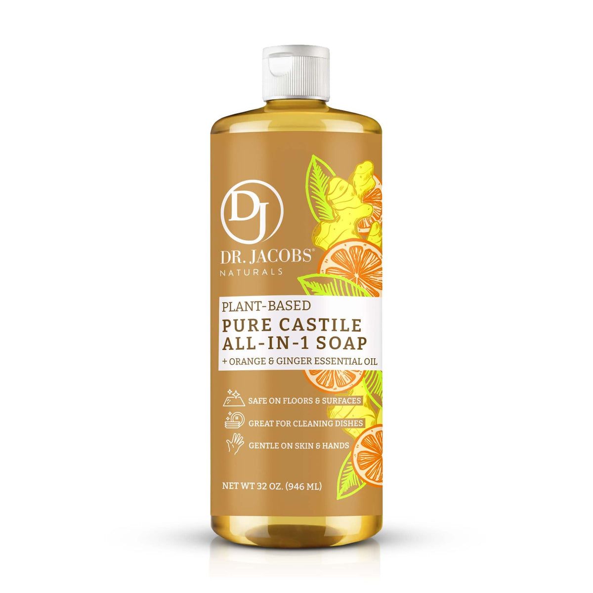 Dr. Jacobs Naturals Orange + Ginger Castile All-In-One Cleaner and Soap Effective Plant-Based Formula for House Cleaning. Eco-friendly for Home Essentials and the Planet (32 Fl Oz 1 Pack)