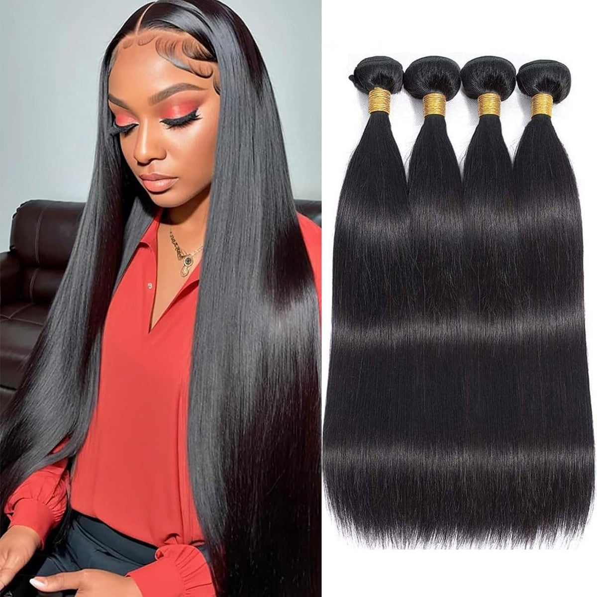 Human Hair Bundles 24 26 28 30Inch Straight Bundles Human Hair 100% Unprocessed Brazilian Virgin Hair 4 Bundles Deals Human Hair Extensions 12A Straight Weave Bundles Human Hair Natural Black