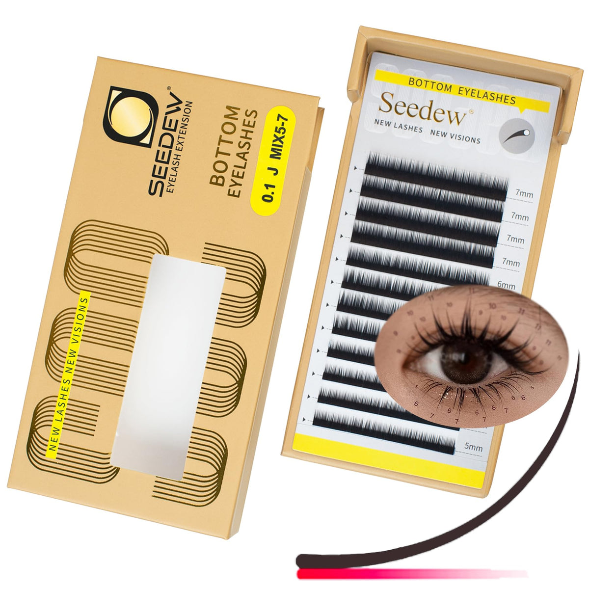 SEEDEW Bottom Eyelash Extensions MIX5-7mm J Curl 0.10mm 12 Rows/Tray Classic Individual Single Natural Soft Lightweight Lashes Grafting Supplies for Lash Artists Salons (Red Brown-0.1-J-MIX5-7mm)