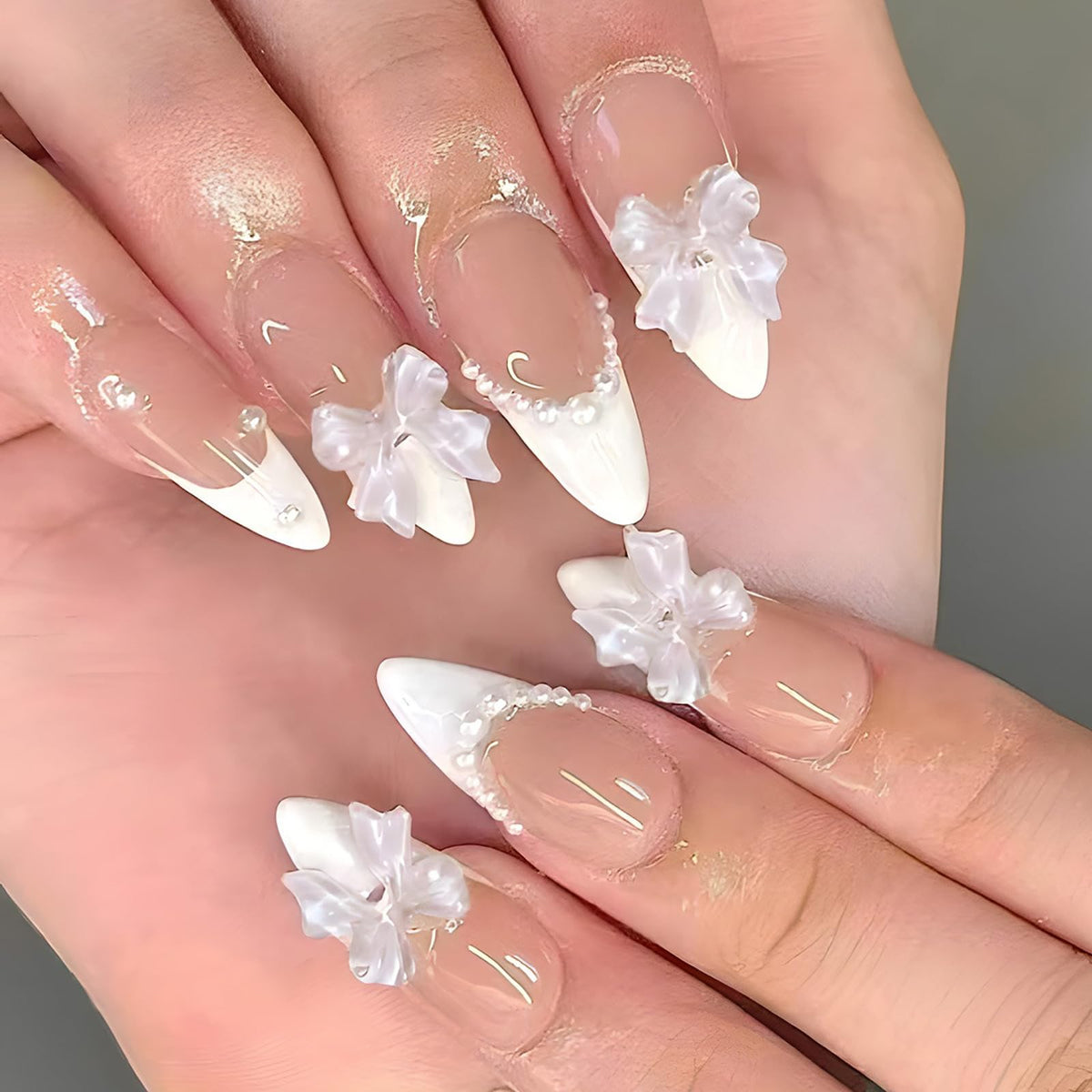 Medium Almond Press on Nails MABKJLF White French Tip Fake Nails Pearls Bow Charms Designs False Nails Full Cover Stick on Nails Glossy Glue on Nails Acrylic Nails for Women Girls 24Pcs