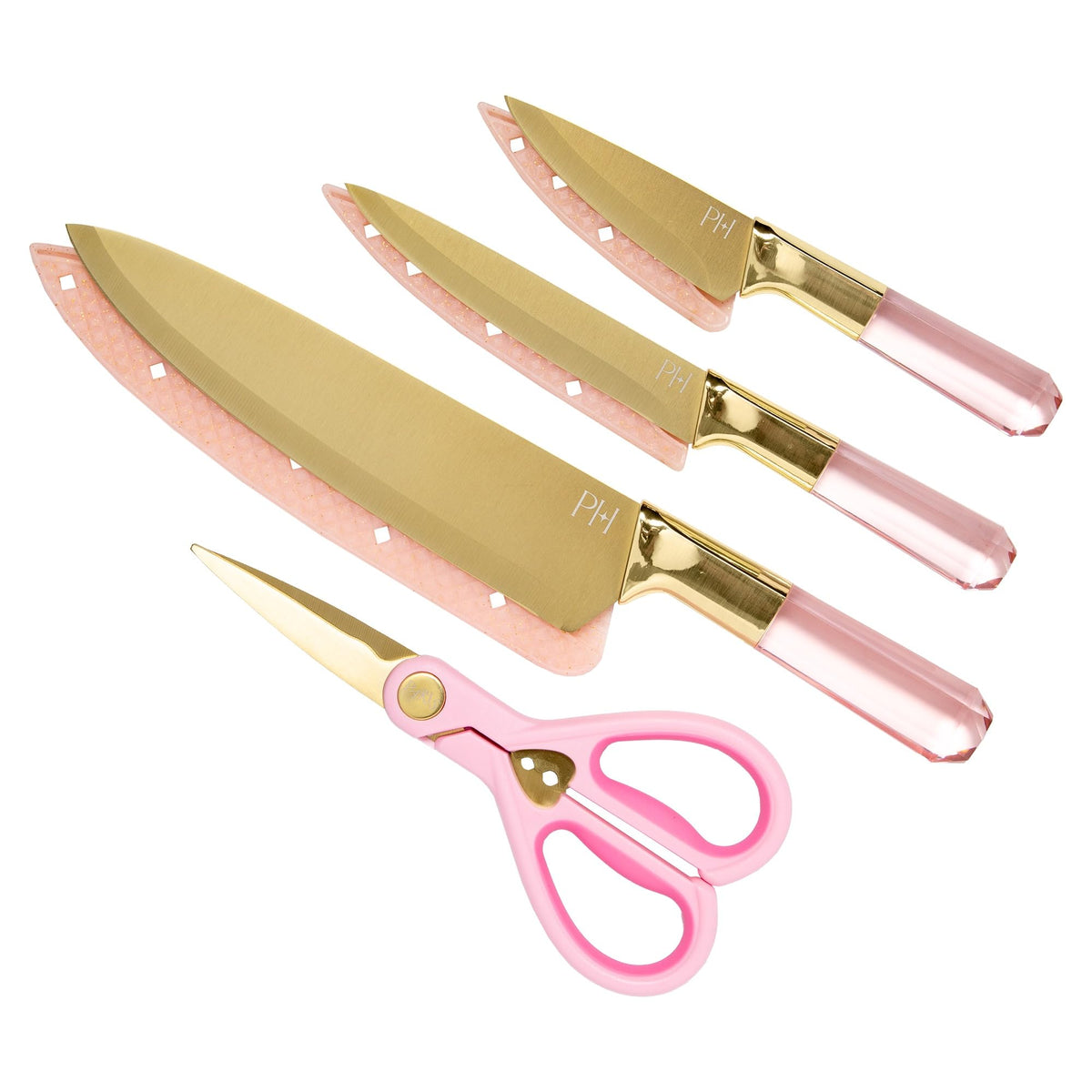 Paris Hilton Stainless Steel Knife Set with Jewel Shaped Handles and Gold Blades Iconic Cutlery Set 4-Piece Pink