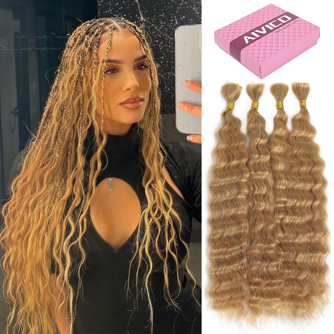 AIVICO Super Wave Bulk Human Hair 100% Unprocessed Brazilian Virgin Human Hair Extensions Bundles for Braiding Hair Wet and Wave Micro Human Hair(1Pack-4PCS 24inch #27)