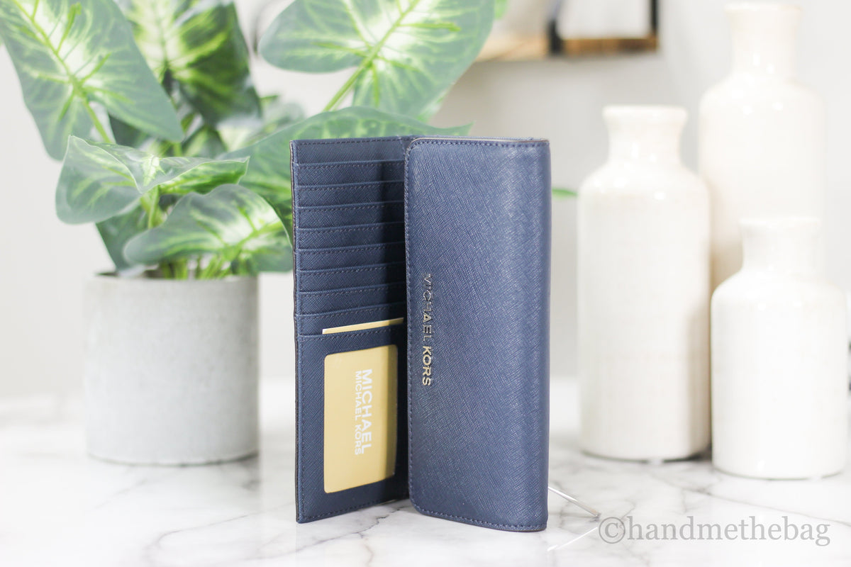 Michael Kors Jet Set Travel Leather Navy Large Trifold Wallet Clutch