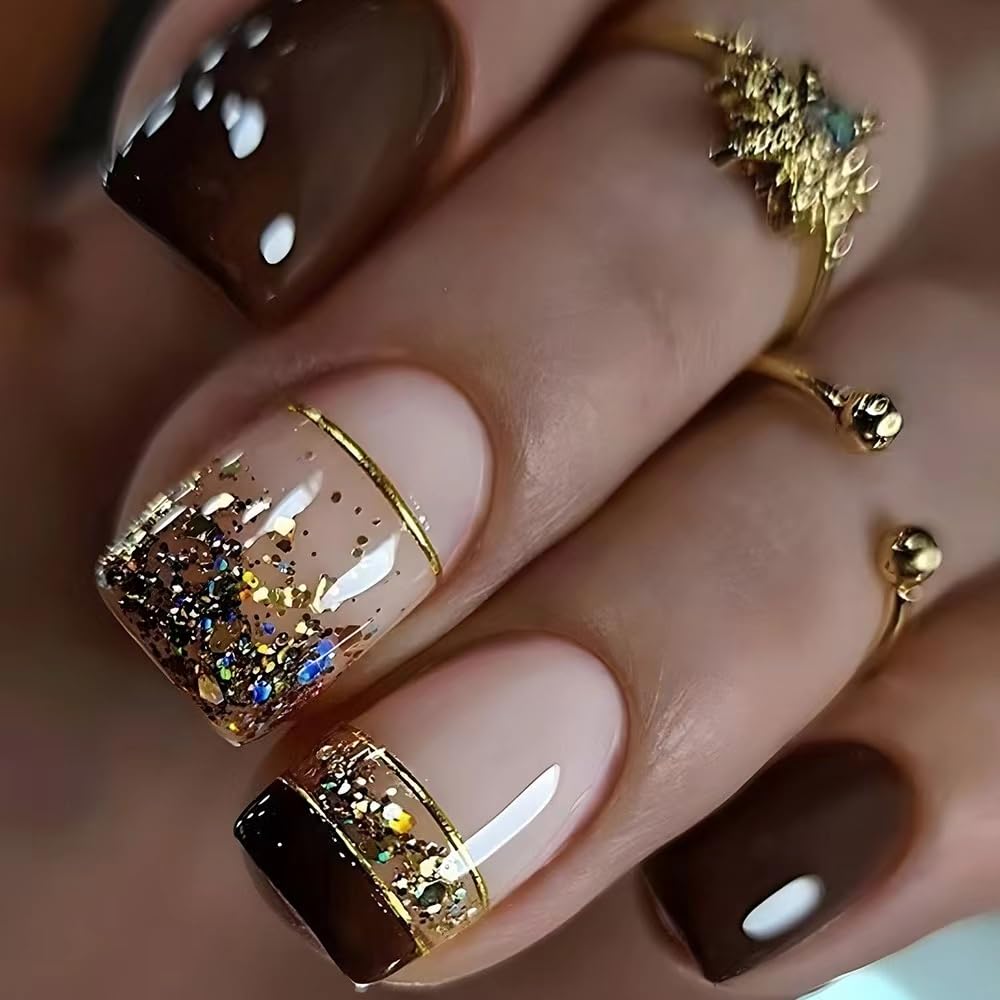 Square Press on Nails Medium Fake Nails Brown French Tip False Nails with Design Sparkly Line Sequins Glue on Nails Glitter Acrylic Nails Glossy Full Cover Stick on Nails for Women Manicure 24Pcs