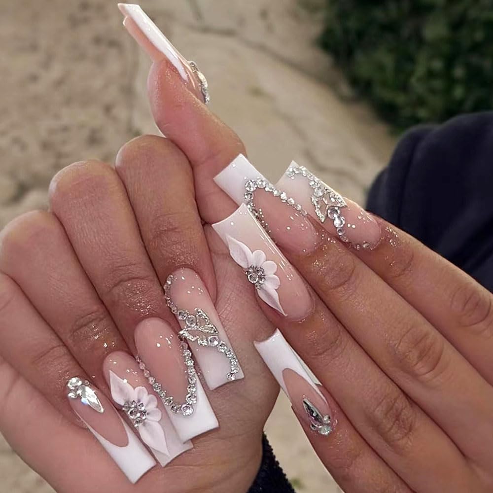 DOCVOEOMH Long Press on Nails Square French White Rhinestones Acrylic Fake Nails with 3D Alloy Butterfly Design Glue on Full Cover Artificial Gel False Stick on Nail for Girls Women Wedding 24Pcs