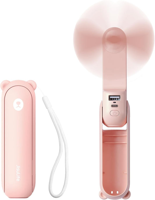 Handheld Mini Fan, 3 in 1 USB Rechargeable Portable Fan [12-19 Working Hours] with Power Bank, Flashlight, Pocket Design for Travel/Summer/Concerts/Lash, Gifts for Women (Pink)
