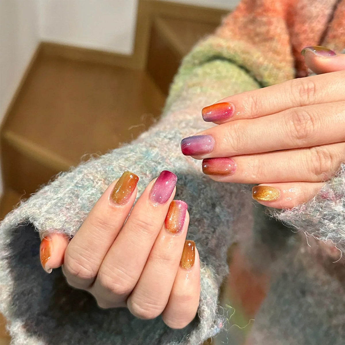 IMRAIN Short Square Press on Nails Colorful Cat Eye Fake Nails Glossy Glue on Nails Full Cover Rainbow Candy Artificial Gel False Nails Squoval Acrylic Stick on Nails for Women Girls 24Pcs