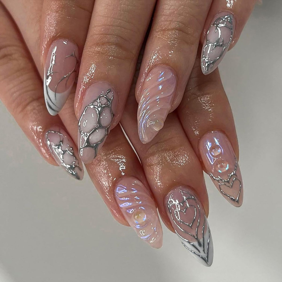 Press on Nails Medium Almond False Nails 3D Three-dimensional Water Ripples Fake Nails Artificial Acrylic Nails Silver Love Heart Design Full Cover Reusable Coffin Nails Glue on Nails for Women 24Pcs
