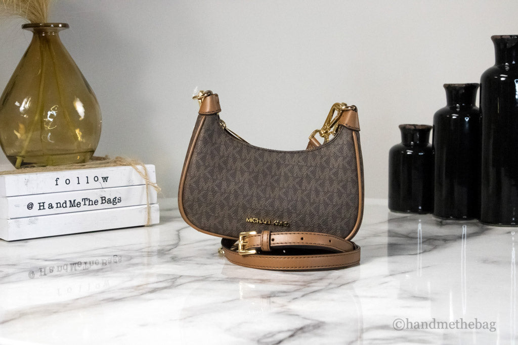Michael Kors Cora Mini Brown Signature PVC Zip Pouchette Crossbody Handbag