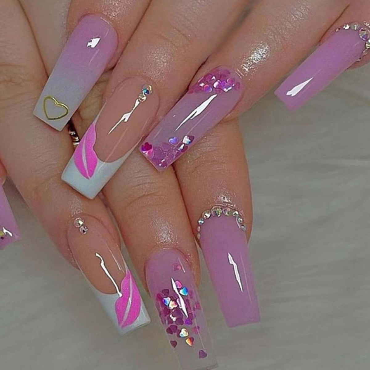 Gifiky Long Coffin False Nails French Press on Nails Gradient Nails Tips Acrylic Cute Swirl Fake Nails for Women and Girls 24Pcs