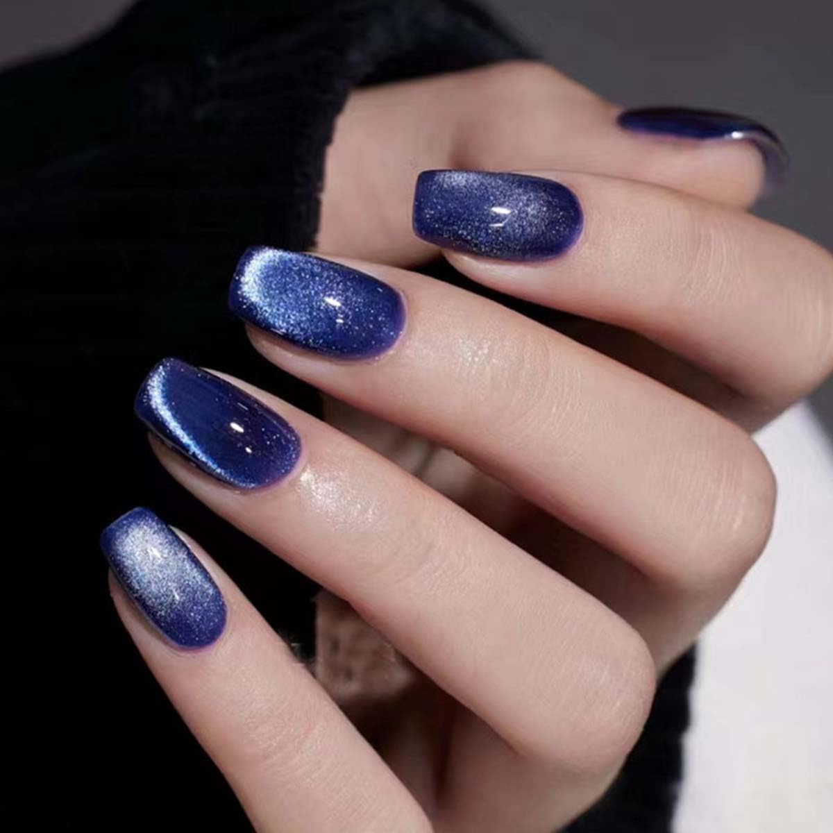 Glitter Press on Nails Square Fake Nails Short False Nails with Design Blue Acrylic Nails Artificial Glue on Nails Full Cover Stick on Nails for Women Girls Manicure Art 24Pcs