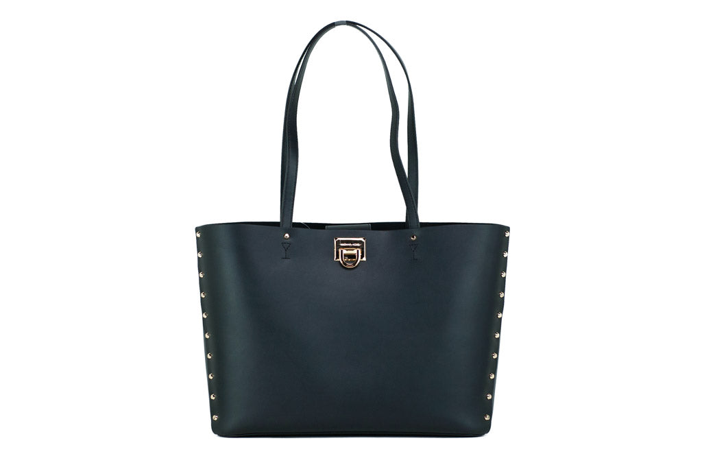 Michael Kors Manhattan Large Black Smooth Leather Studded Shoulder Tote Handbag