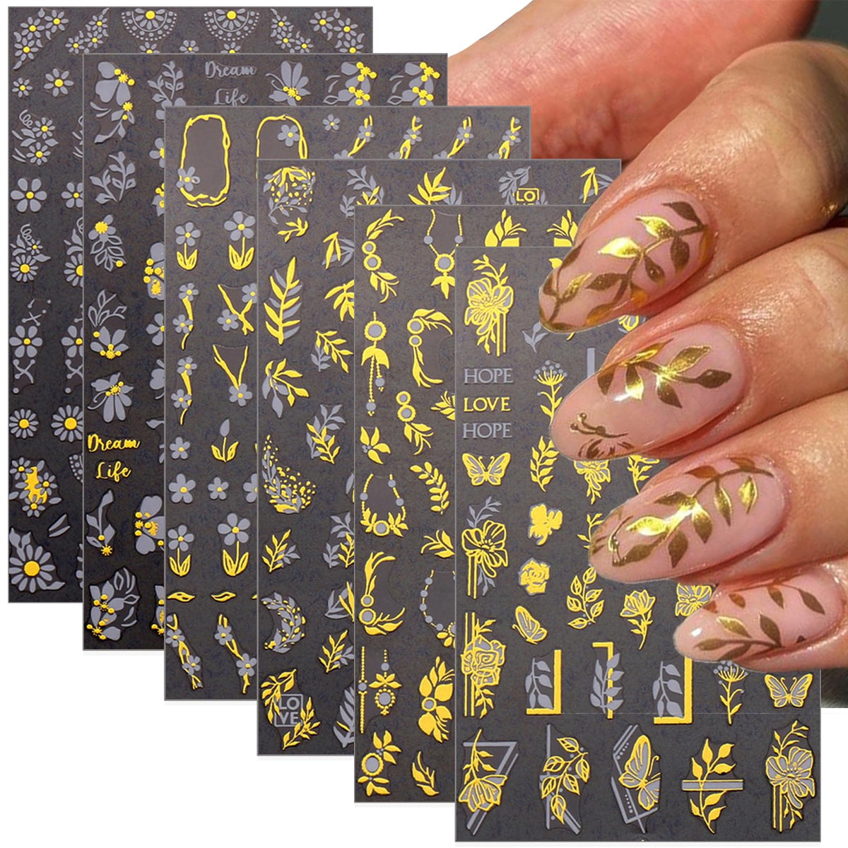 8 Sheets Flower Leaf Nails Stickers Gold White Floral Nail Decals Daisy Chain Butterfly Nail Art Stickers 3D Self-Adhesive Spring Flowers Nail Supplies for Women Acrylic Nail Art Decorations