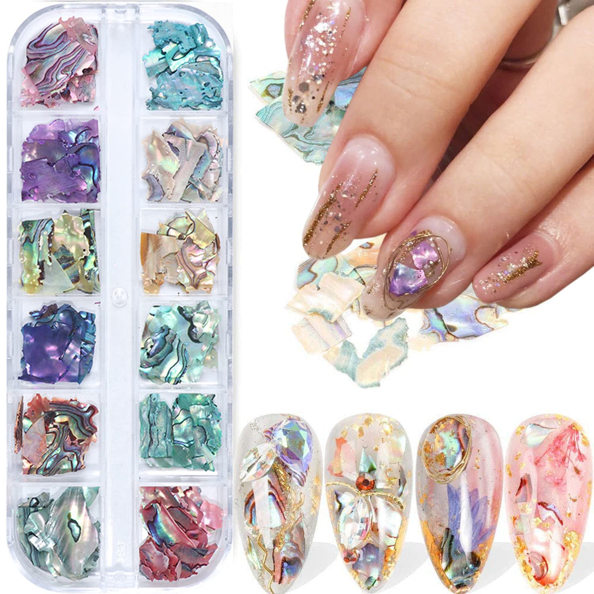 Abalone Seashell Nail Art Sequins 3D Irregular Thin Nail Art Glitter Flakes Design Mermaid Shell Slices Decorations UV Gel Shiny Accessories Ocean Rivet Acrylic Nails Supplies for Women Girls