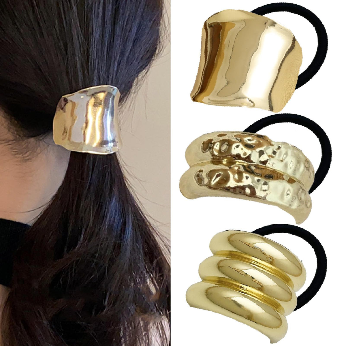 Metal Hair Ties for Women Gold Hair Cuffs Wrap Hair TiesGold Metal Double Arch Elastic Hair Ties Retro Metal Ponytail Cuff Gold Ponytail Hair Ties Metal Ponytail Cuff for Thick Hair (B)