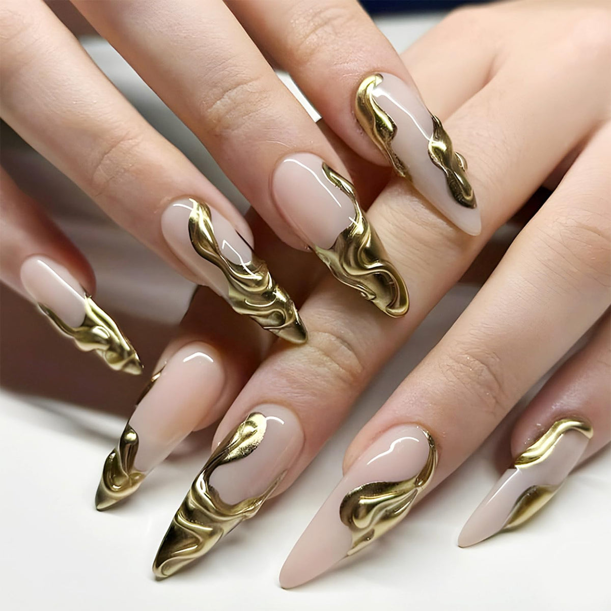 Vopintpy Gold 3D Irregular Pattern Press on Nails Extra Long Stiletto Fake Nails Glossy Full Cover Glue on Nails Reusable Acrylic Stick on Nails for Women DIY Charm Manicure