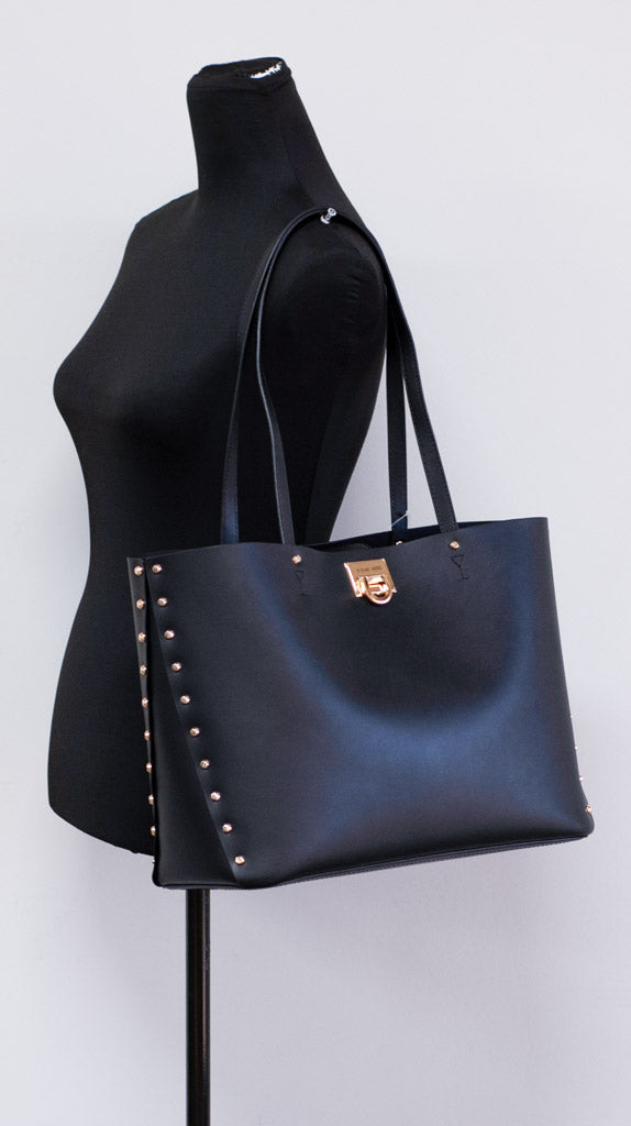 Michael Kors Manhattan Large Black Smooth Leather Studded Shoulder Tote Handbag