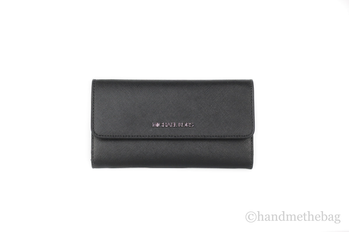 Michael Kors Jet Set Leather Solid Black Silver Large Trifold Wallet Clutch