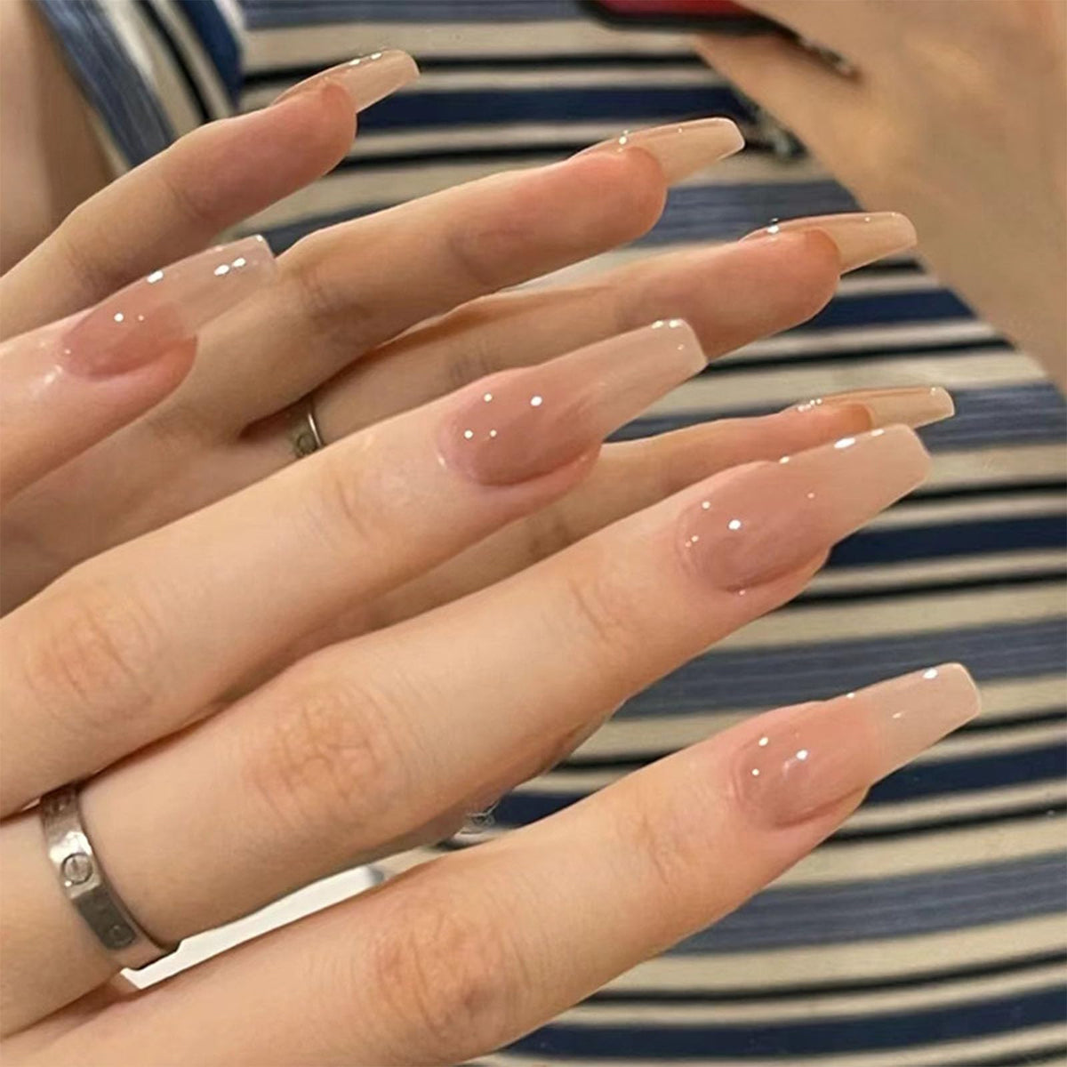 Long Press on Nails Coffin Nude False Nails Acrylic Artificial Nails Simple Glossy Nails Press ons with Glossy Ballerina Nails for Women and Girls