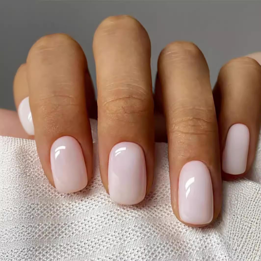 24 Pcs Nude Press on Nails Short Square Fake Nails Pink Glossy Glue on Nails Press ons Full Cover False Nails Reusable Solid Color Acrylic Nails Soft Gel Stick on Nails for Women Girls Manicure