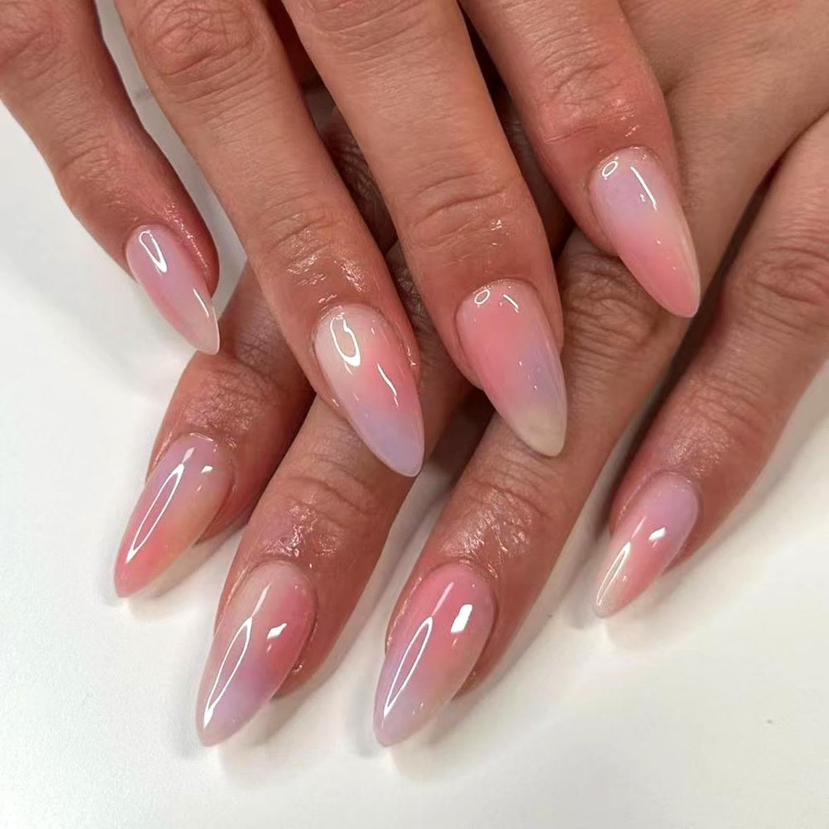Colorful Ombre Press on Nails Medium Almond Fake Nails Glossy False Nails with Design Gradient Color Glue on Nails Reusable Artificial Acrylic Full Cover Stick on Nails for Women Girls Manicure 24Pcs