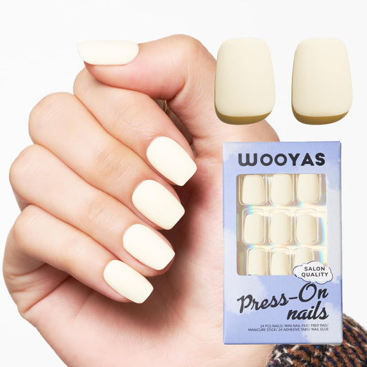WOOYAS Light Yellow Short Press on Nails Matte Square Fake Nails Glue on Nails Short Length NailsAcrylic Nails Press ons NailsGel Nails Matte False Nails Stick on Nails Set in 24 Pcs