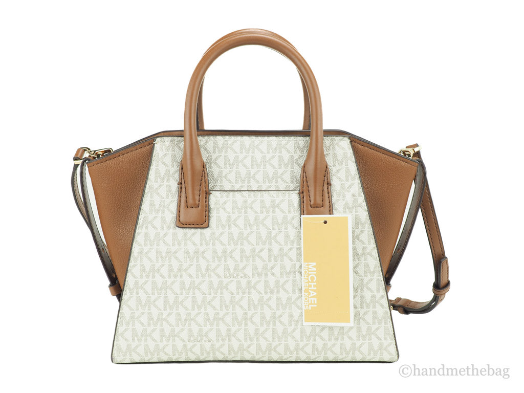 Michael Kors Avril Vanilla Signature PVC Leather Small Zip Satchel Handbag Purse