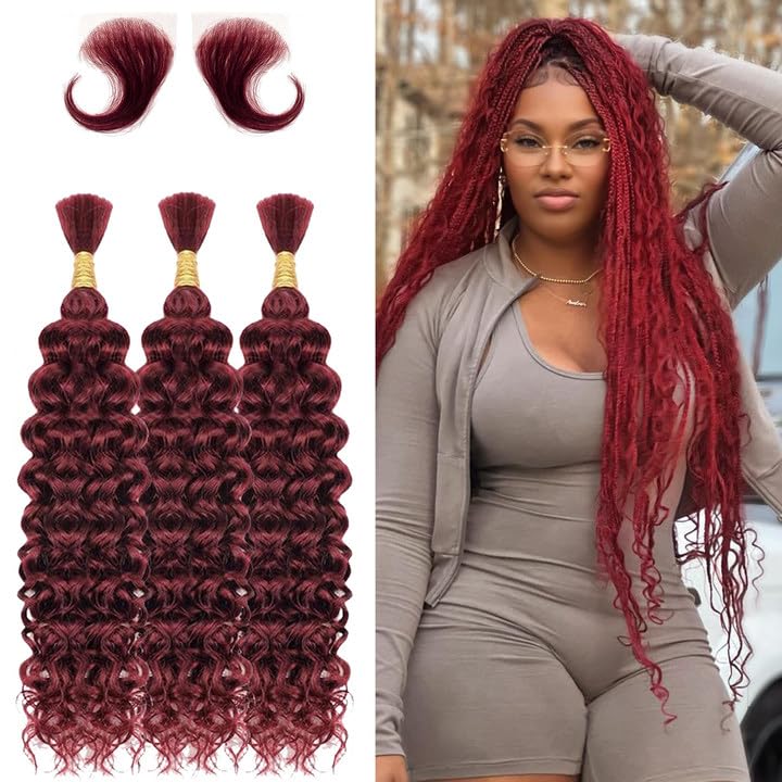 ODBE 99j Burgundy Human Braiding Hair 20 Inch 150g Boho Braids Human Hair 3 Bundles Braiding Hair Boho Hair for Braiding Curly Braiding Hair Knotless Deep Wave Bulk Human Hair Bundles for Braiding