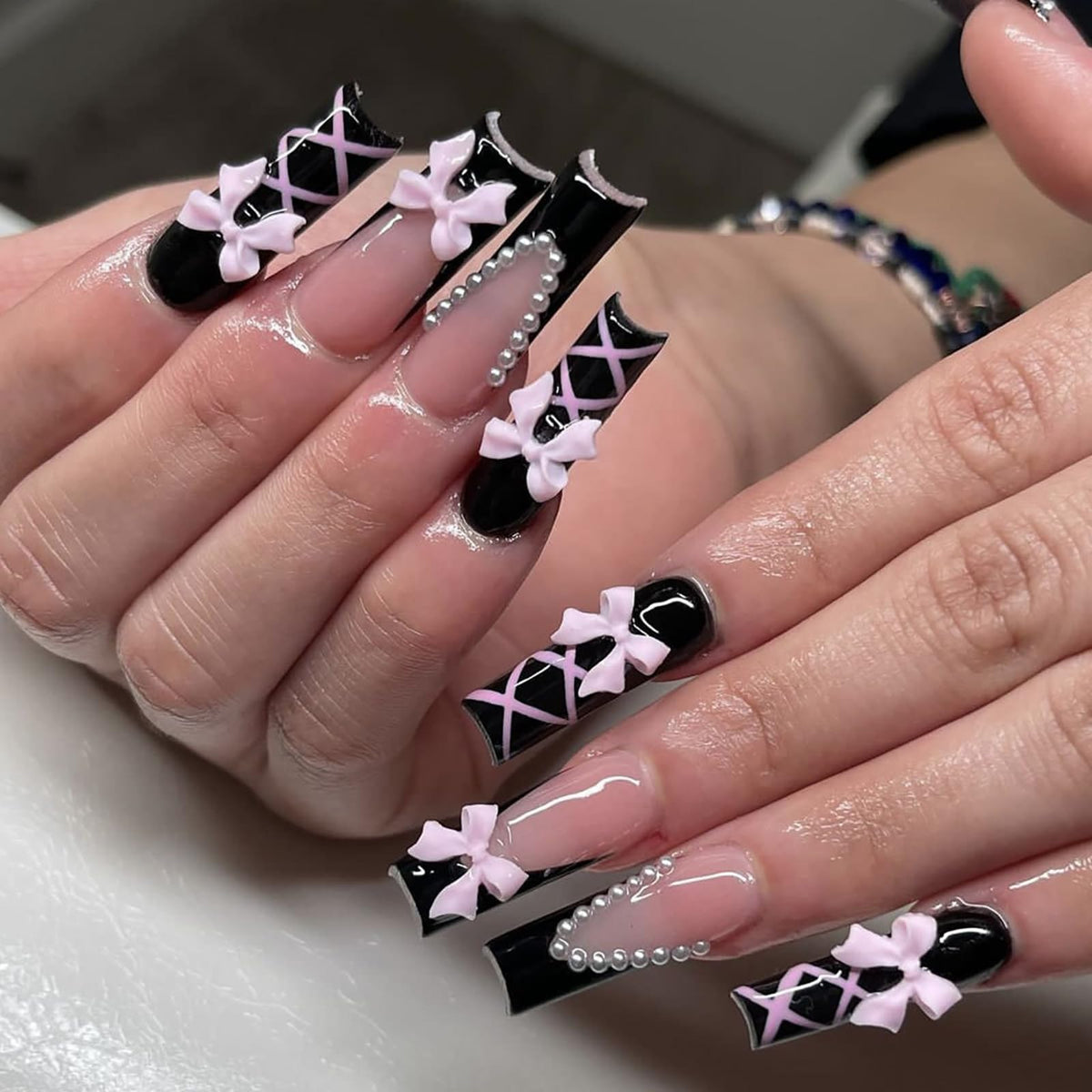 Black Ballet Press on Nails Long Square French Tip Fake Nails Pink Bow Charm False Nails with White Pearl Designs Cute Acrylic Nails Glossy Glue on Nails Artificial Nails for Women Girls 24Pcs