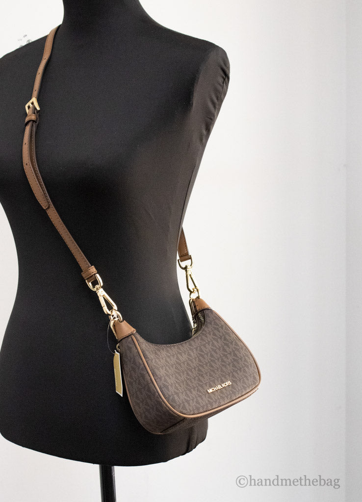 Michael Kors Cora Mini Brown Signature PVC Zip Pouchette Crossbody Handbag
