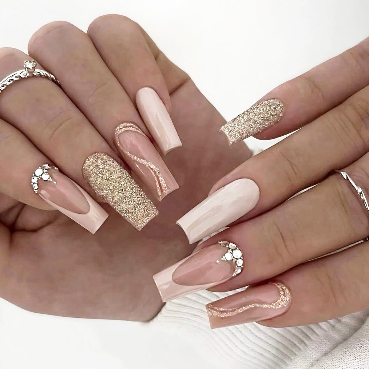 Stbisen Medium Square Press n Nails Gold Glitter Fake Nails Glossy Nude False Nails with 3D Rhinestone Design White French Tip Glue On Nails Glitter Press on Nails for Women Radiant Gold