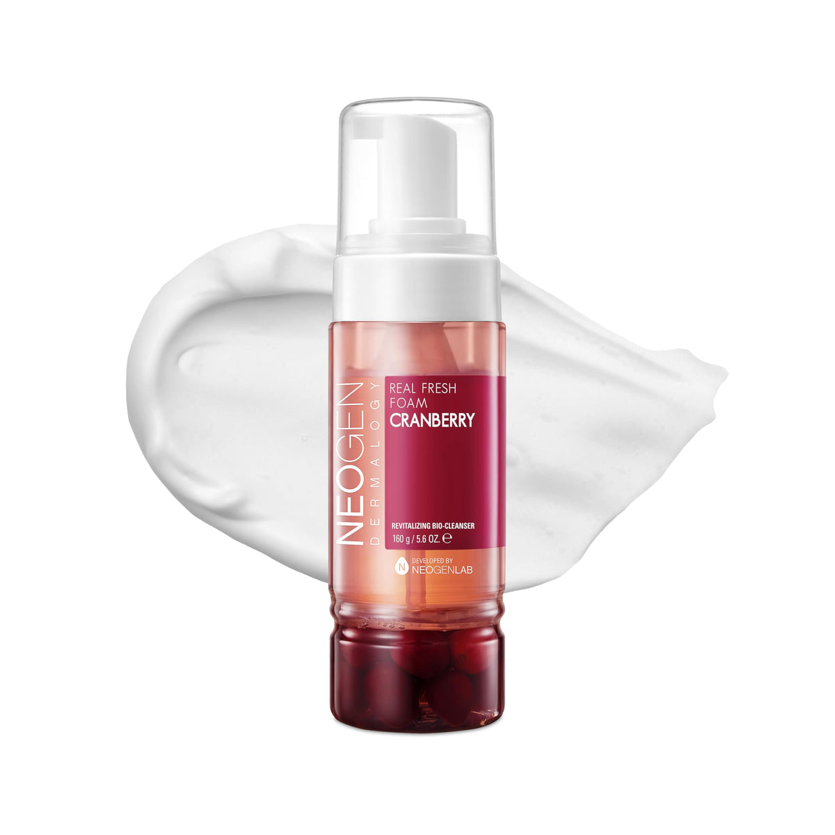 DERMALOGY by NEOGENLAB Real Fresh Foam Cleanser Cranberry 5.6 Fl Oz (160g) - Revitalizing & Hydrating Gentle Cleansing Foam with Real Cranberries Clean Beauty - Korean Skin Care