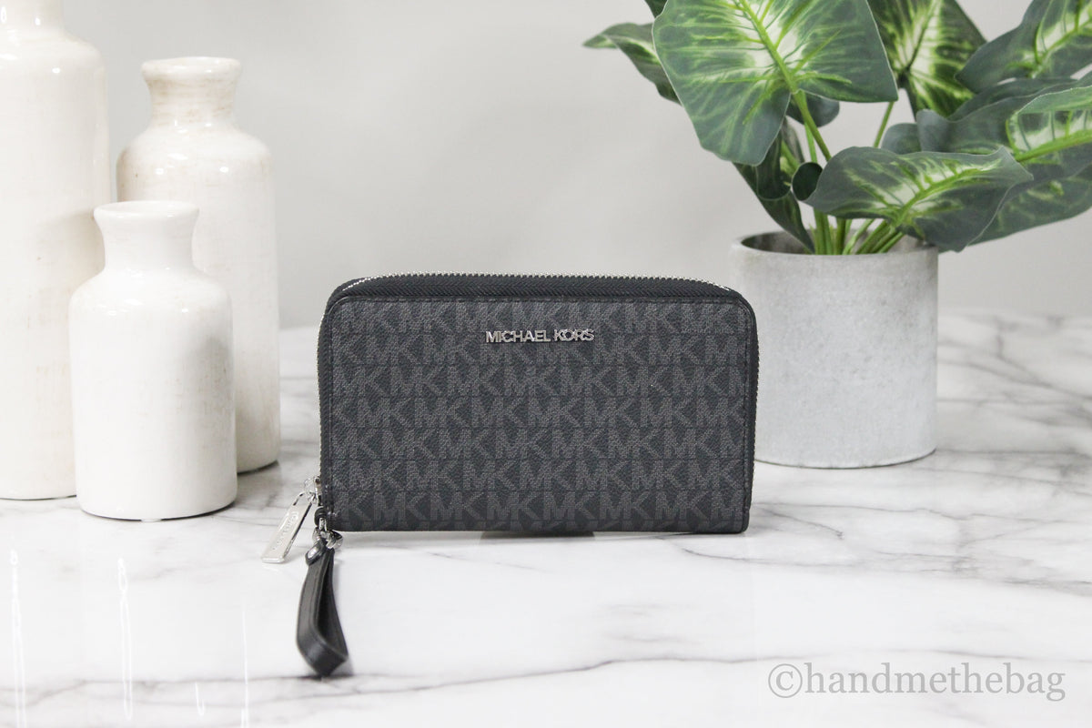Michael Kors Jet Set Large Leather Black Silver Multifunction Phone Wrist Wallet