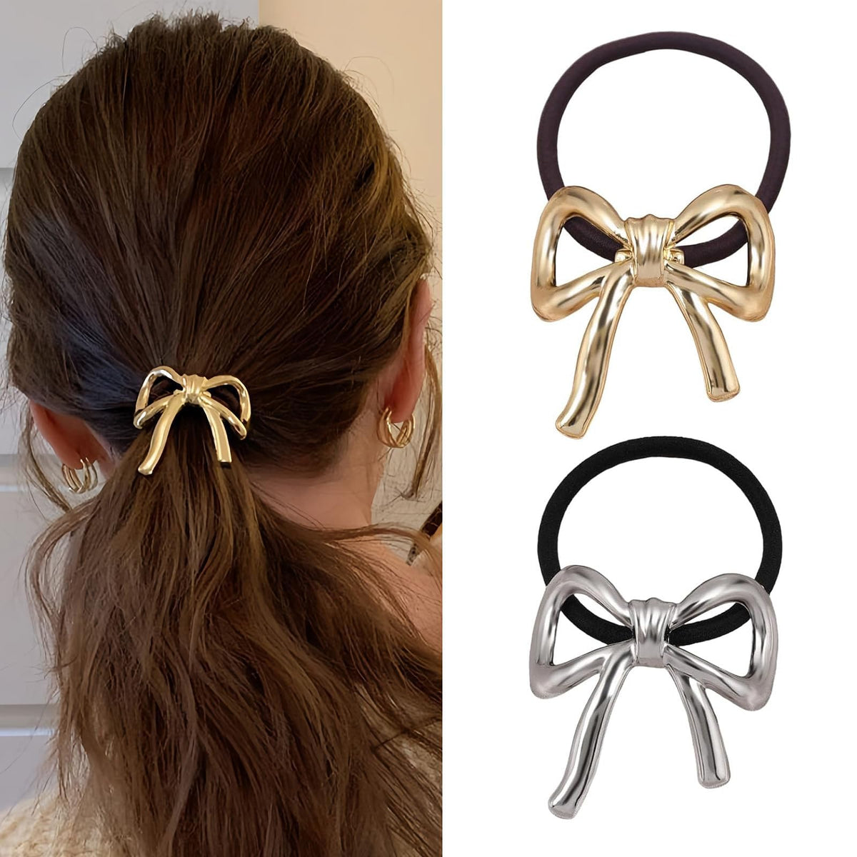 Metal Bow Hair Tie Ponytail Holder Hair Elastic Scrunchies Hair Rubber Bands Gold Ponytail Cuff Silver Metal Hair Ties Hair Accessories for Women Hair Ropes Decorative 2PCS