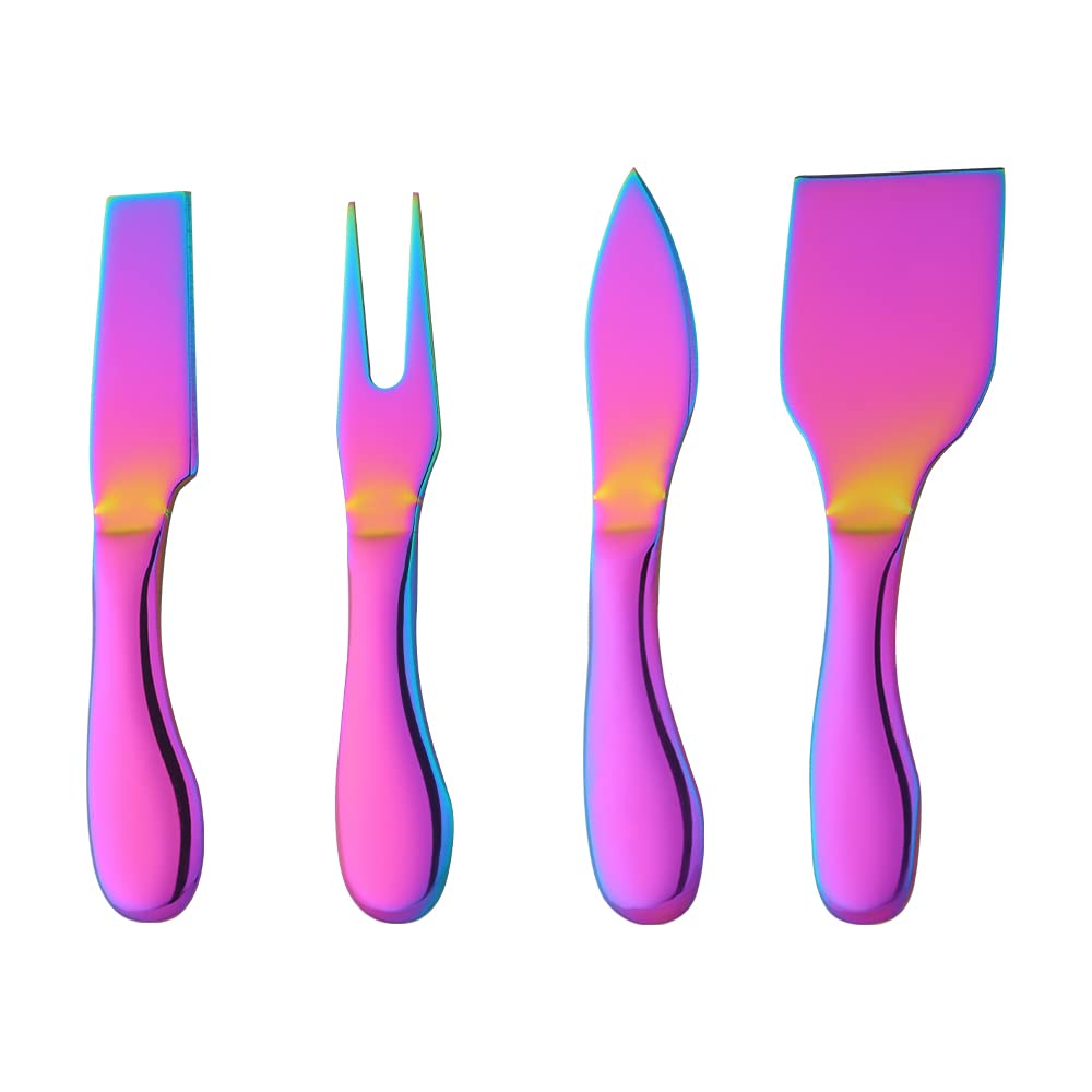 Cheese Knives SetRainbow Stainless Steel Cheese knife Set for Cheese Slicer and Butter Cutter，4 Piece -1Cheese Spade Knife 1 Narrow Plane Knives 1 Cheese Fork and 1 Cheese Spreader Knife