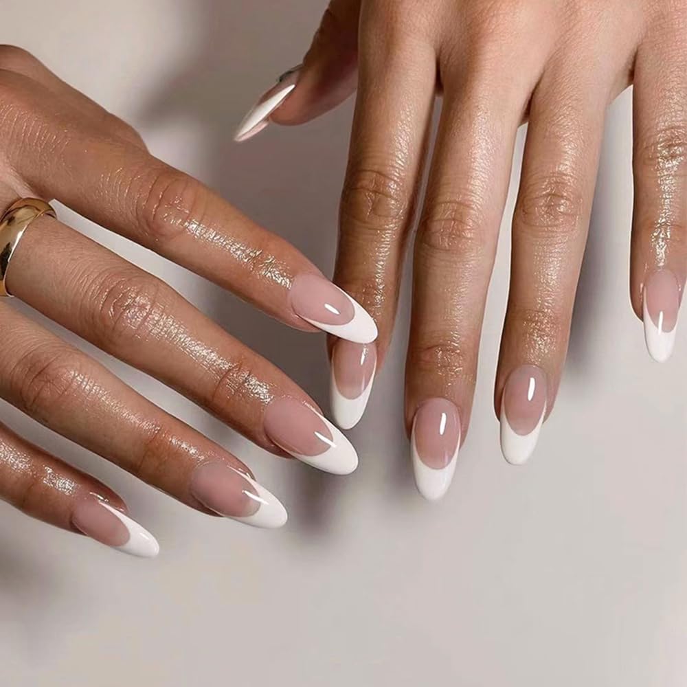 AZTSYT Almond Press on Nails Medium Nude Pink Fake Nails Full Cover False Nails with Designs Glossy Acrylic Glue on Nails White French Tip Stick on Nails for Women Girls Manicure 24Pcs