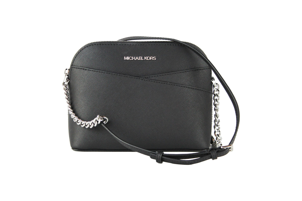 Michael Kors Jet Set Medium Black Silver Leather X Cross Dome Crossbody Handbag