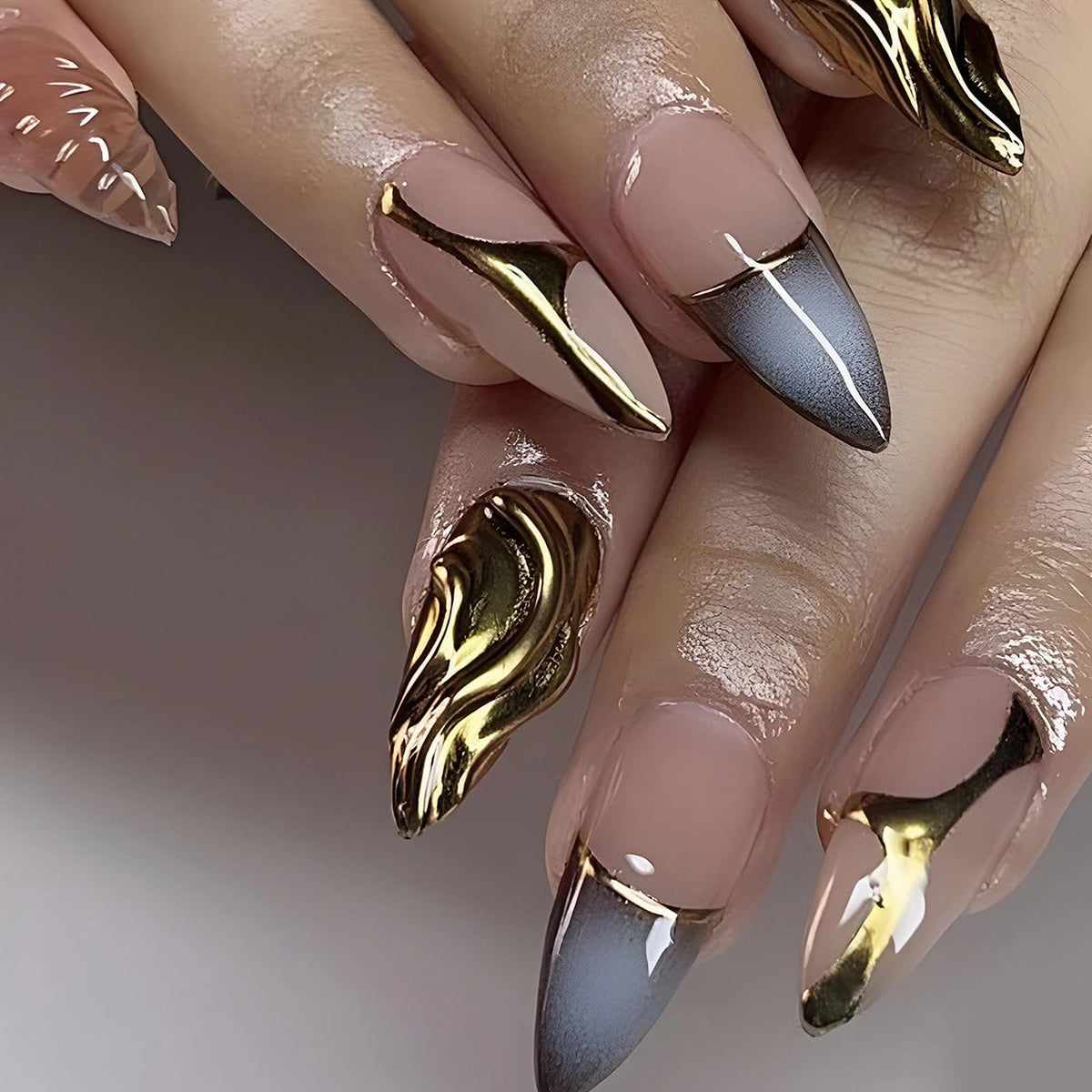 MISUD Press on Nails Medium Almond Fake Nails Glossy Glue on Nails Gold Chrome Acrylic Nails Stiletto Artificial Nails Blue Ombre French Tip Stick on False Nails with Design 24 pcs
