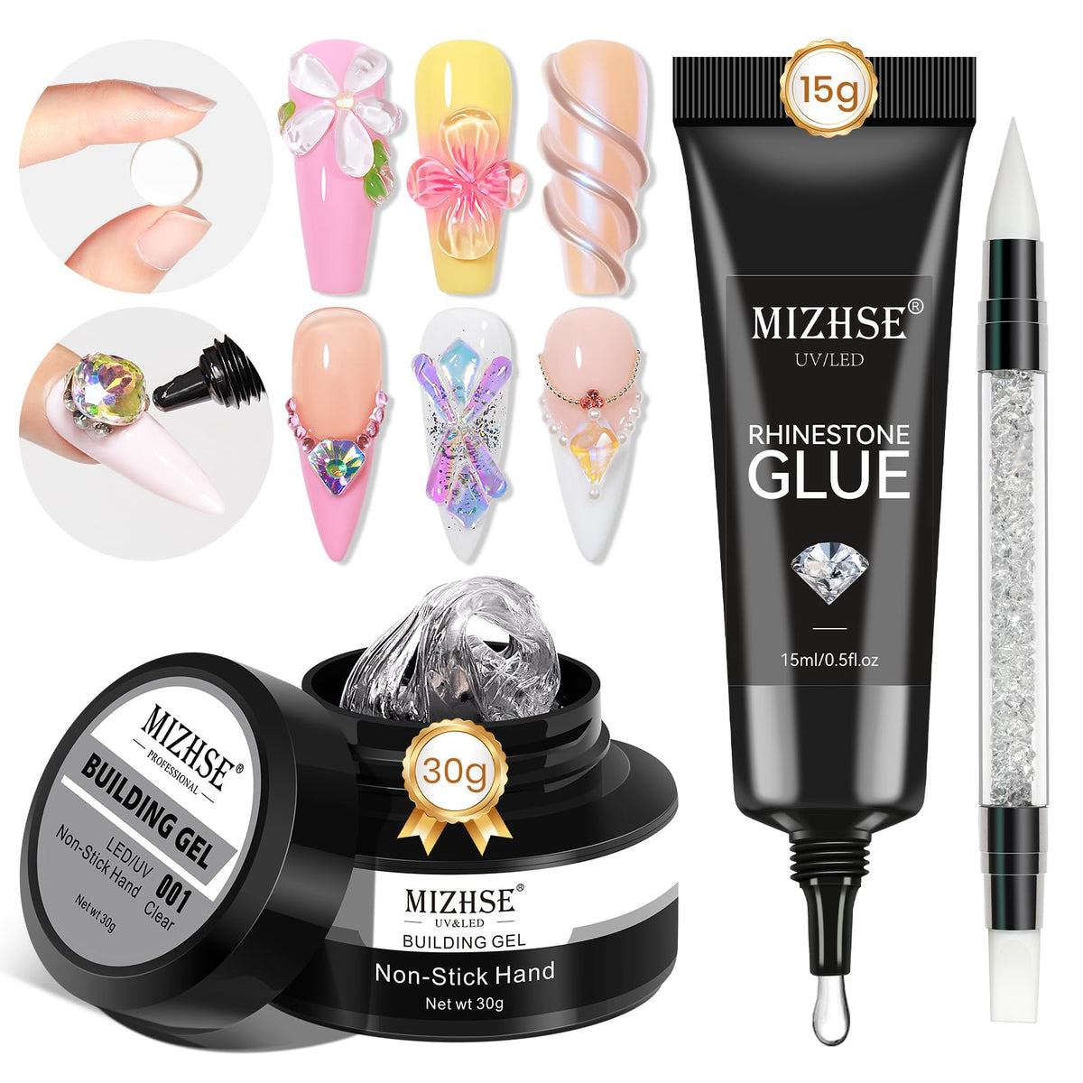 MIZHSE 30g Solid Builder Gel For Nails and 15g Rhinestone Glue for Nails Clear Nail Builder Gel Hard Gel for Nails 3D Nail Sculpting Gel Non-Sticky U V LED Nail Charm Glue Nail Art Salon Home DIY