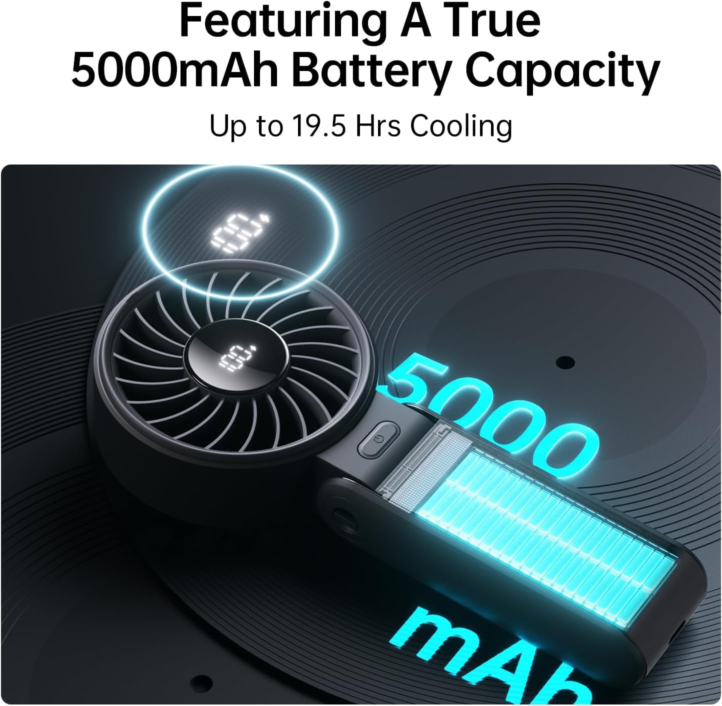 Handheld Fan Life7 – Ultimate Flexibility: High-Power Motor, LED Display, 19.5 Hrs Cooling, 5000Mah Rechargeable, 5-Speed, Foldable Design, 3-IN-1 Portable Fan for Travel Cruise Beach(Black)