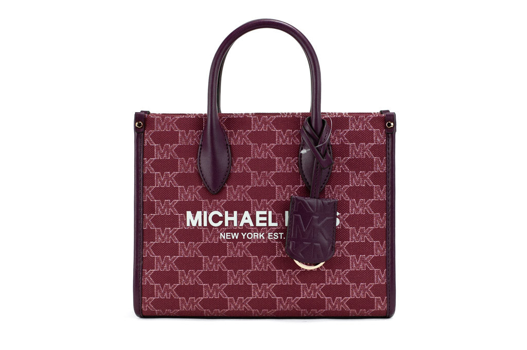 Michael Kors Mirella Small Mulberry Canvas Top Zip Shopper Tote Crossbody Bag