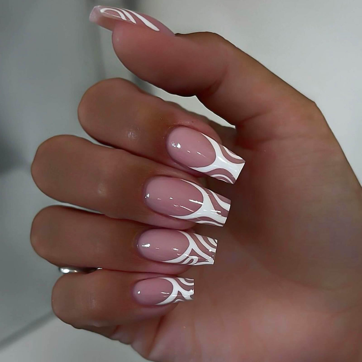Vokupoga Medium Square Press on Nails White French Tip False Nails Pink Fake Nails with Designs Pink Full Cover Glue on Nails Glossy Artificial Nails Cute Stick on Nails for Women 24Pcs