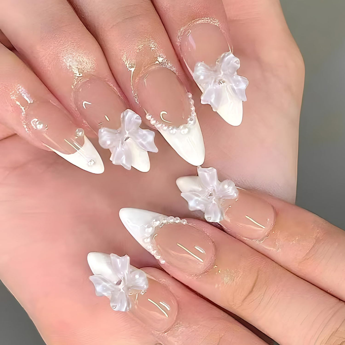 Almond French Tip Press on Nails Medium Bow Tie Pearl Fake Nails White French False Nails Full Cover Acrylic Nails Artificial Coffin Nails Almond Nails DIY Stick on Nails Set Glue on Nail for Women