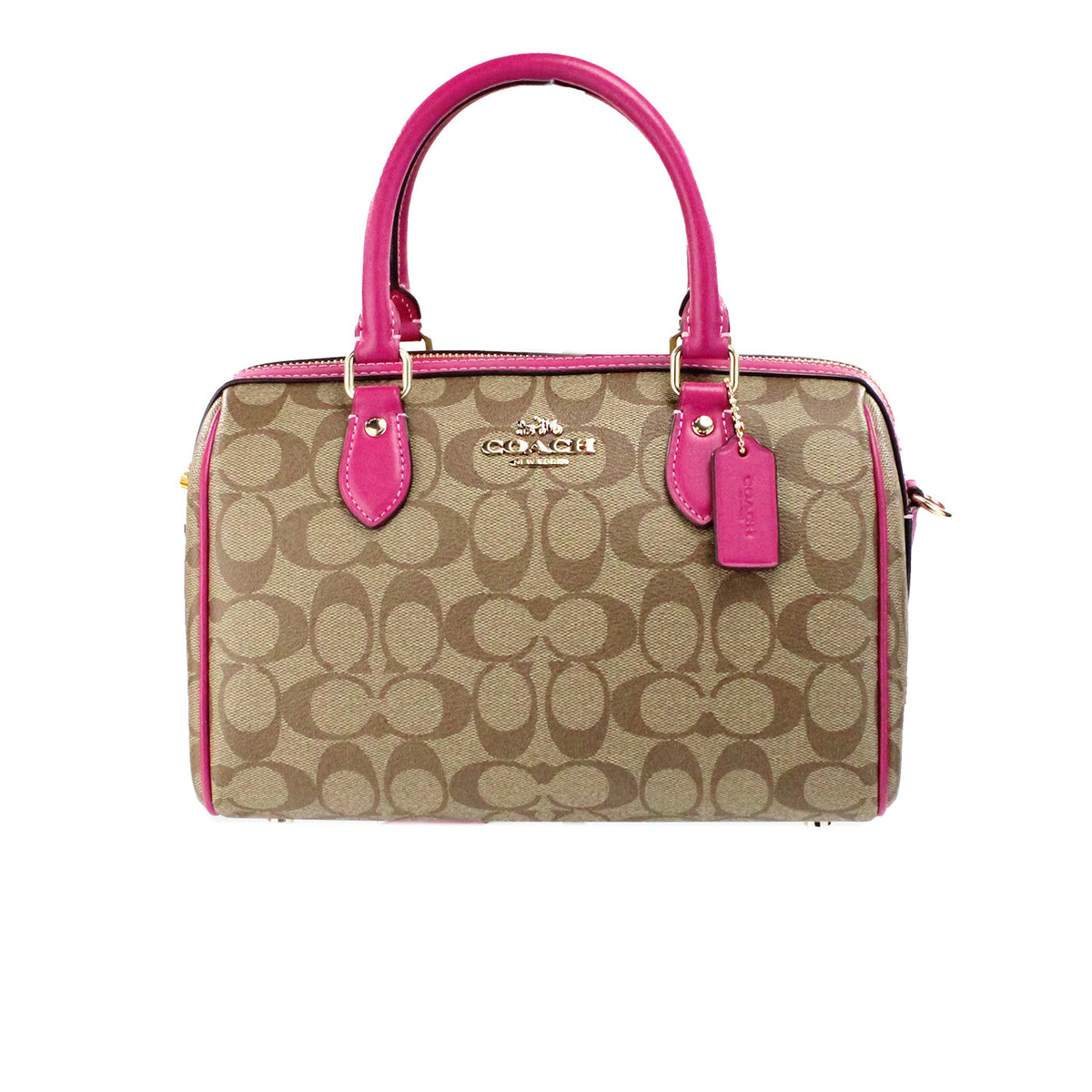 Coach Rowan Khaki Cerise Signature Canvas Medium Satchel Bag