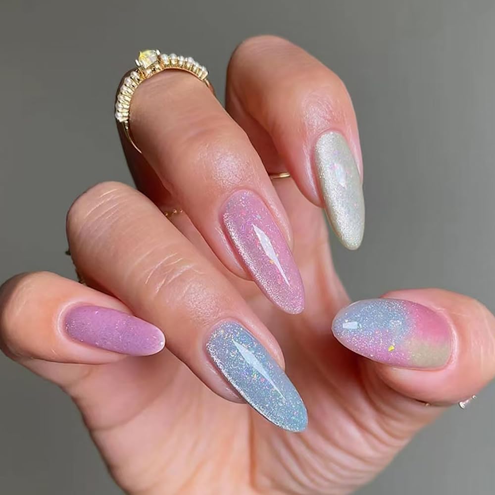 Almond Press On Nails Long Glitter Rainbow Fake Nails with Designs Gradient Fall False Nails Shiny Full Cover Nail Tips Artificial Acrylic Nails Glue On Nails Stick On Nails for Women Girls 24PCS