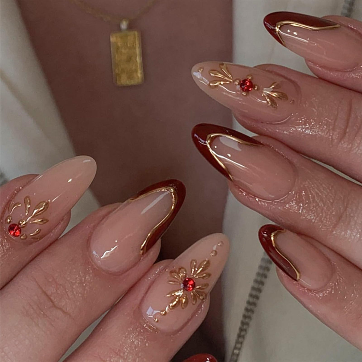 Almond Press on Nails Wine Red French Tip Fake Nails 3D Gold Sun Acrylic Nails with Rhinestone Artificial Nails Medium False Nails Glossy Glue on Nails for Women Manicure 24Pcs