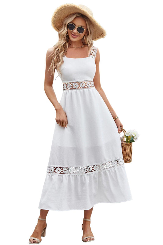 Flower Crochet Wide Strap Midi Dress