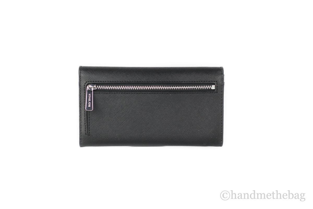 Michael Kors Jet Set Leather Solid Black Silver Large Trifold Wallet Clutch